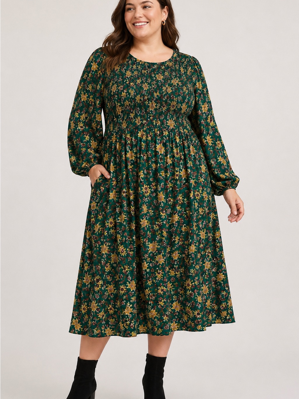Torrid Floral Midi Dress Size 2 Green Smocked Long Sleeve Pockets Cottagecore